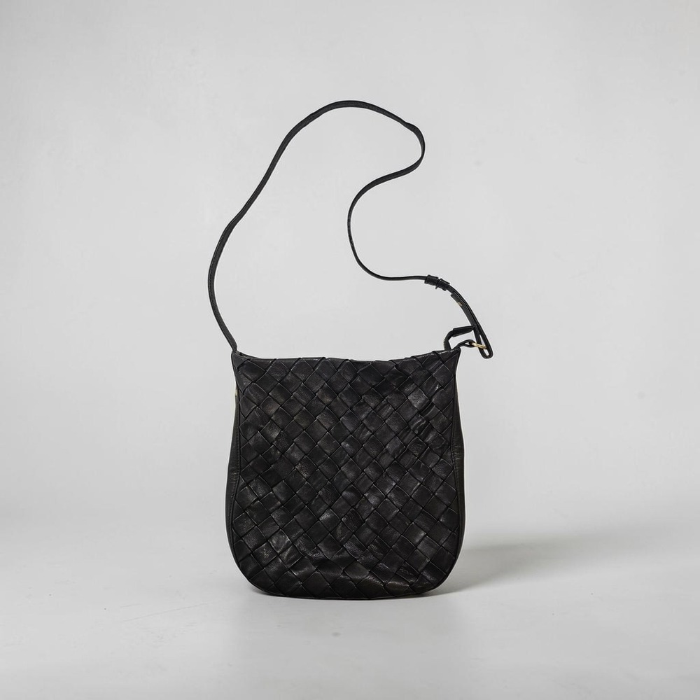 Hobo Woven Black Genuine Leather Crossbody Bag Zip Top Boho Minimalist purse